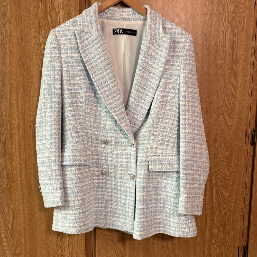 Zara Blue Tweed Blazer Classic Suit Jacket